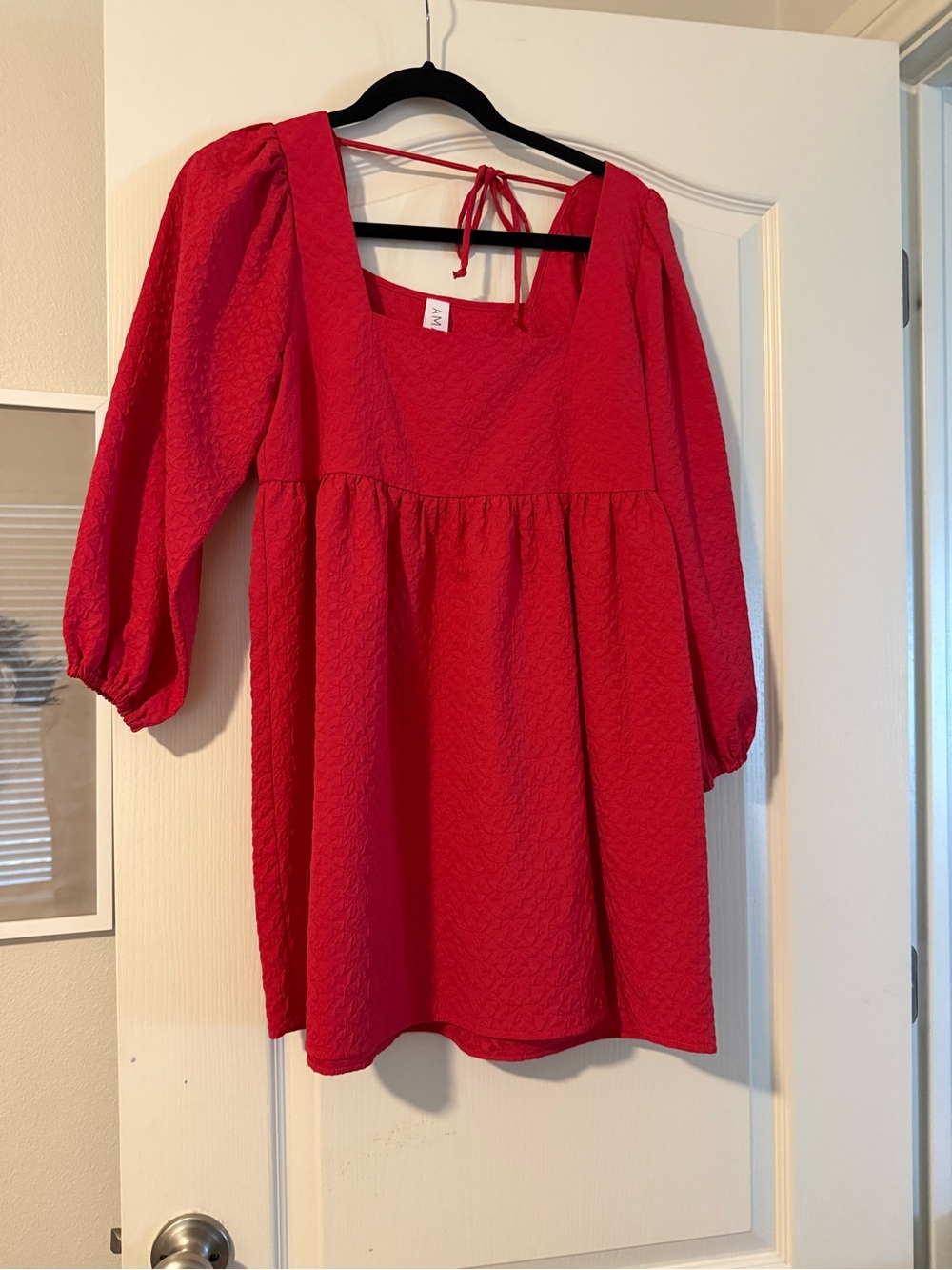 Textured Square-Neck Red Mini Dress - Picture 3 of 5